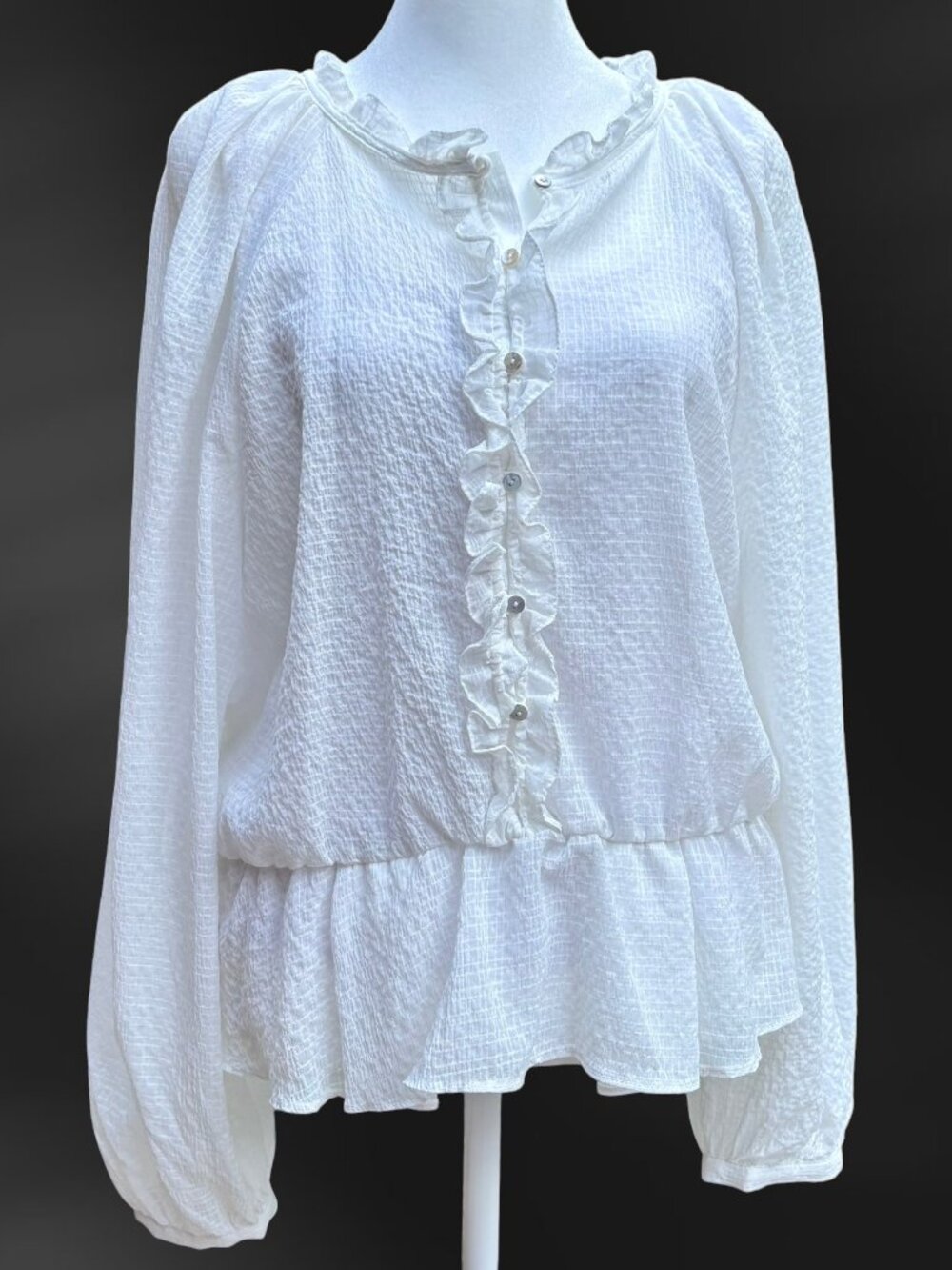 ZARA White Textured Sheer Peplum Blouse Ruffle Button Front Long Sleeve Lg